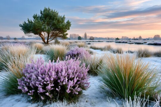 Heather and frosted grass growing near a frozen lake at sunrise - Powered by Adobe
