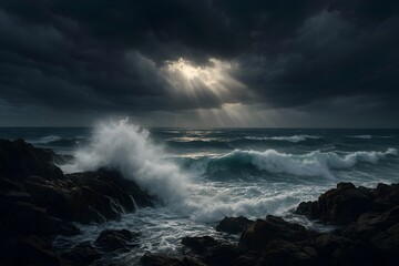 Dramatic stormy seascape with crashing ocean waves, jagged coastal rocks, dark swirling clouds, and sunlight breaking through sky showcasing power of nature