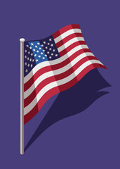 A realistic 3D vector of the American flag waving in the wind, with smooth folds and dynamic shadows.