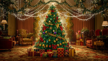 A Majestic Christmas Tree Adorned with Festive Ornaments and Surrounded by Beautifully Wrapped Presents on a Dark Wooden Floor ai generative