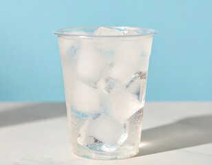 Sparkling water with ice in a plastic cup