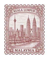 Obraz premium vintage postage stamp depicts kuala lumpur city - malaysia (sketch drawing)