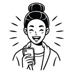Happy Woman Using Smartphone: Joyful, Cheerful Female User with Mobile Device