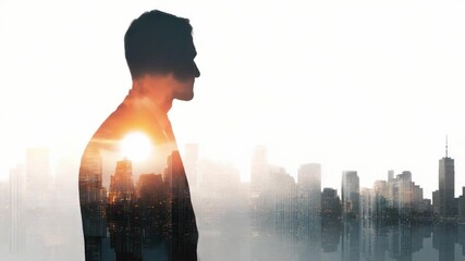 Visionary Silhouette: A contemplative silhouette of a man merges seamlessly with a sprawling cityscape and setting sun, embodying the concepts of contemplation, dreams, and aspirations. - Powered by Adobe