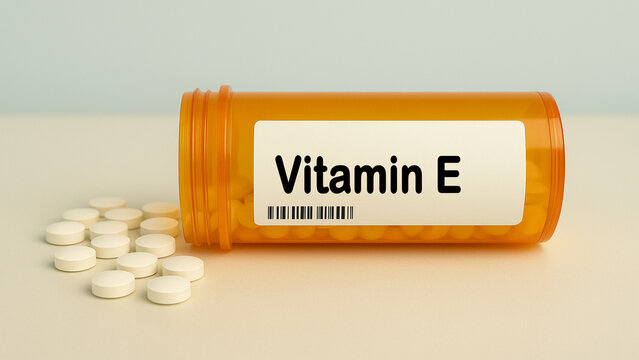 Box of VITAMIN E tablets on a hospital pharmacy table used to support antioxidant defense and skin health a fat soluble vitamin.