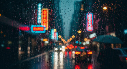 Atmospheric Photo of a Rainy City Street at Night, Seen Through a Window Covered in Raindrops, Soft Blur Background.