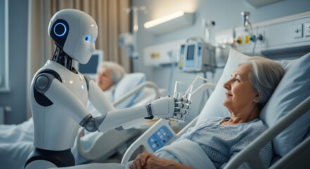 Futuristic healthcare robot assistant providing water to senior patient bedridden in hospital