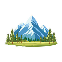 Illustration of a mountain range with snow-capped peaks, evergreen trees, and a grassy foreground.