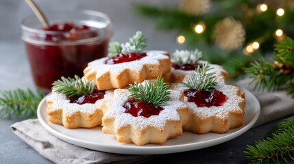Christmas linzer cookies with cranberry filling and powdered sugar on white plate