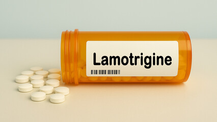 Box of LAMOTRIGINE tablets on a hospital pharmacy table used to prevent seizures and stabilize mood...
