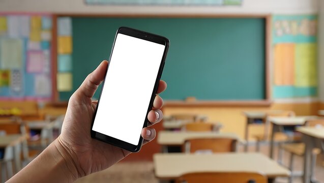 A hand holds a smartphone with a blank white screen in a classroom setting with desks and a chalkboard visible in the background.