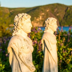 Two ancient marble statues stand in a garden overlooking the sea.