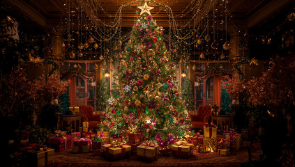 A Majestic Christmas Tree Adorned with Festive Ornaments and Surrounded by Beautifully Wrapped Presents on a Dark Wooden Floor ai generative