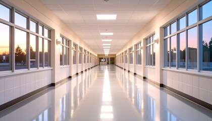 Fototapeta premium Endless school corridor at twilight