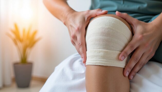 Woman caring for her bandaged knee, symbolizing recovery and support after an injury. - Powered by Adobe