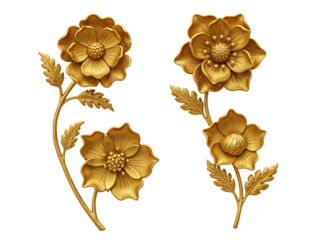 Elegant antique golden flower arrangements showcasing intricate petal detail and delicate stems transparent background