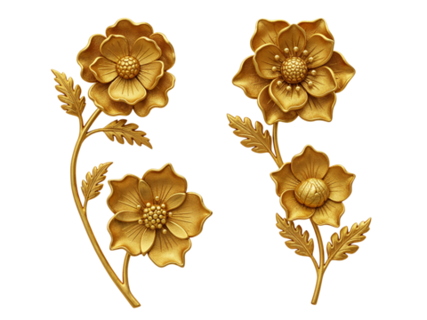 Elegant antique golden flower arrangements showcasing intricate petal detail and delicate stems transparent background