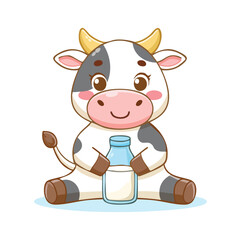 Cute cartoon cow sitting and holding a bottle of milk, smiling happily.