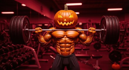 Muscular halloween pumpkin lifting barbell in gym for fitness and holiday fun