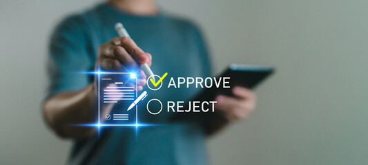 Digital approval process concept with hand selecting approve option on document using tablet and...