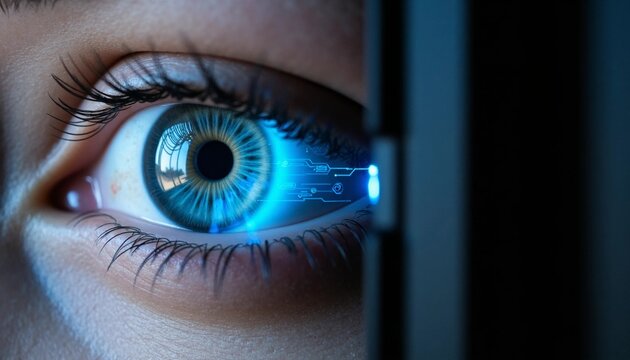 Close-up of a human eye with glowing digital interface, showing augmented reality vision.