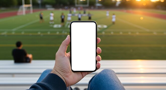 Hand holding a smartphone with a blank screen at a football game, capturing the action on the field.