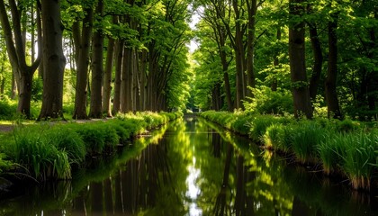 Sunlight-drenched canal lined with lush trees