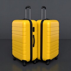 Two bright yellow suitcases with black accents and wheels stand side by side on a dark gray surface.