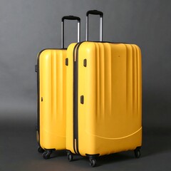 Two bright yellow suitcases with black handles and wheels stand side by side against a dark grey background.