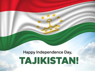 Happy independence day of tajikistan with waving flag on cloudy sky