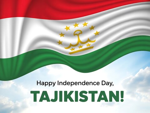 Happy independence day of tajikistan with waving flag on cloudy sky