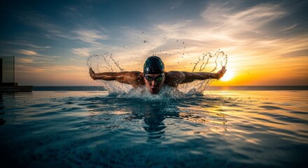 A swimmer powerfully executes the butterfly stroke in a pool against a vibrant sunset.