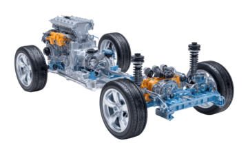 Transparent Car Chassis and Powertrain on Clear Background