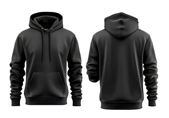  black hoodie template, front and back view, isolated on a transparent background. png format