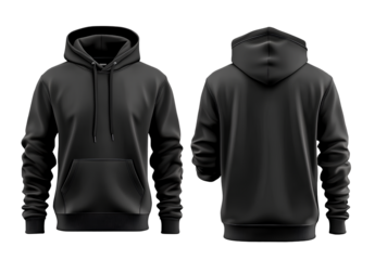 black hoodie template, front and back view, isolated on a transparent background. png format