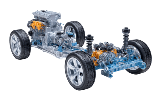Transparent Car Chassis and Powertrain on Clear Background