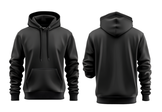  black hoodie template, front and back view, isolated on a transparent background. png format