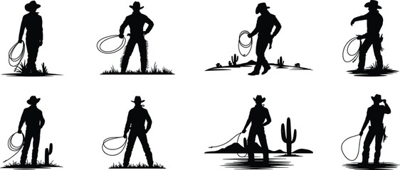 Cowboy silhouette, lasso rope, western hat, rodeo rider, desert cactus, wild west, country ranch, cowboy culture, flat vector illustration