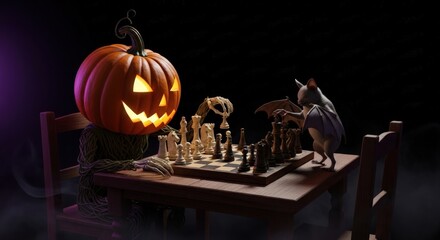 Pumpkin headed scarecrow and bat playing chess in a spooky halloween scene