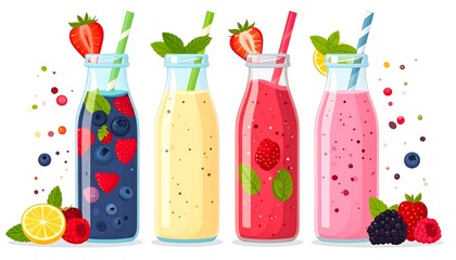 Four colorful smoothie bottles with assorted berries