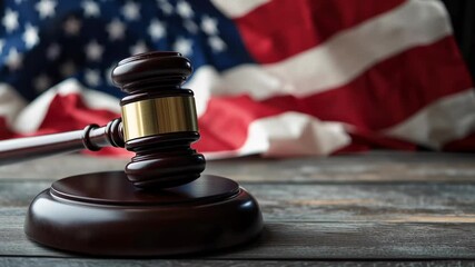 A gavel sits on a wooden surface next to an American flag. The gavel is made of wood and has a gold handle. The flag is red, white, and blue and is spread out on the surface - Powered by Adobe
