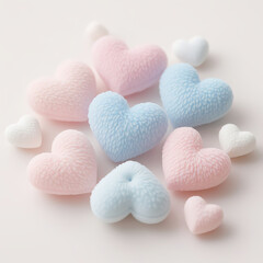 Photorealistic pastel-colored textured hearts (pink, blue, beige) scattered on a light neutral background, ideal for design and branding