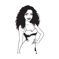 Beautiful Woman Black and White Vector Image Illustration Fashion Girl Portrait Line Art Drawing
