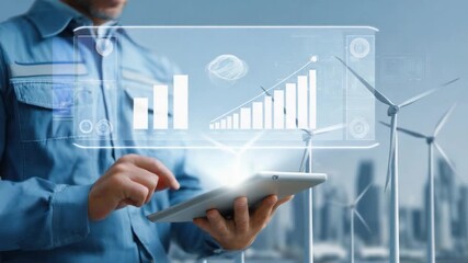 Eco-Engineer’s Insight: An engineer examines the potential of sustainable energy, utilizing a tablet to review graphs of wind turbines generating a positive impact on the environment - Powered by Adobe