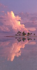 Obraz premium Serene island sunset with lightning reflection