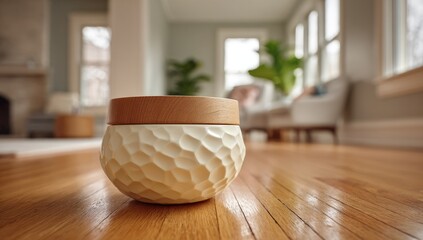 Textured cream ceramic container with wooden lid on hardwood floor