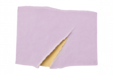 Ripped piece of purple paper with yellow backside on a transparent background, creating a simple yet striking visual