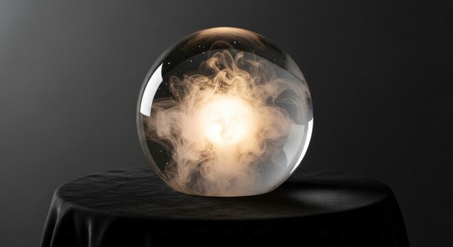Crystal ball with swirling smoke and light on a dark cloth covered table top