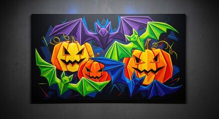 Geometric halloween art featuring pumpkins and bats against a dark background