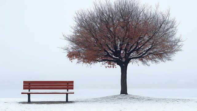 Red bench and tree in snowy, misty landscape